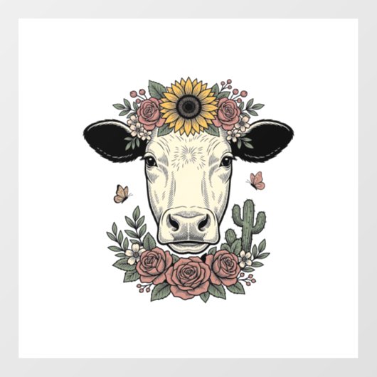Bloemkoe hoofd vintage graveerontwerp_1 raamsticker (Vel)