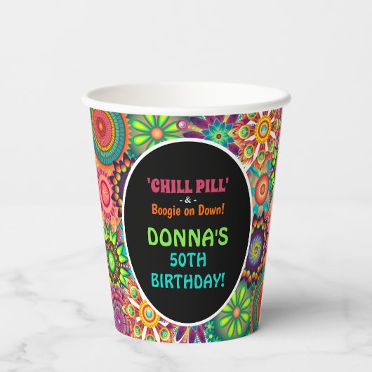 Bloemkracht 70's kleurrijke verjaardag papieren bekers (Achterkant)