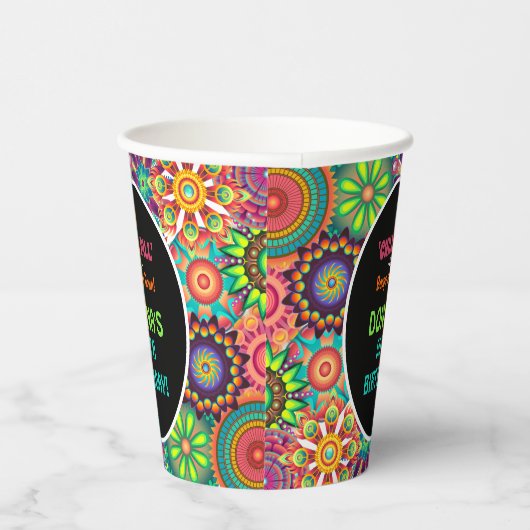 Bloemkracht 70's kleurrijke verjaardag papieren bekers (Rechts)