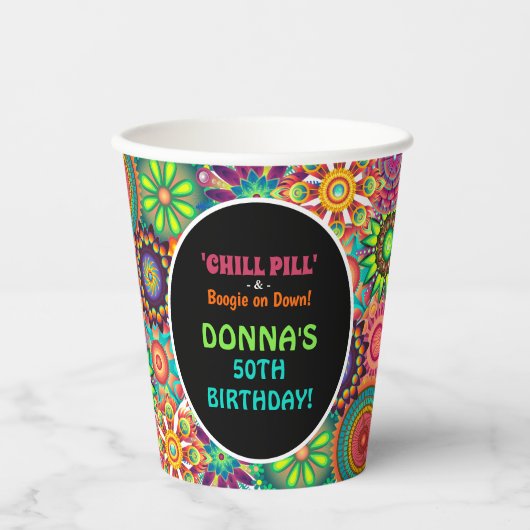 Bloemkracht 70's kleurrijke verjaardag papieren bekers (Voorkant)