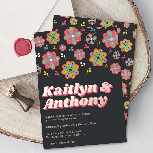 Bloemkracht 70's Retro Groovy bruiloft repetitie Folie Uitnodiging