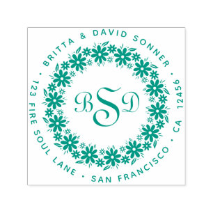 Bloemkrans 3 monogrammen - retouradres  zelfinktende stempel