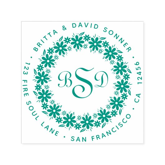 Bloemkrans 3 monogrammen - retouradres zelfinktende stempel (Design)