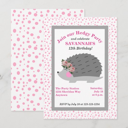 Bloemkrans Hedgehog Verjaardagsfeestuitnodiging Kaart (Voorkant / Achterkant)