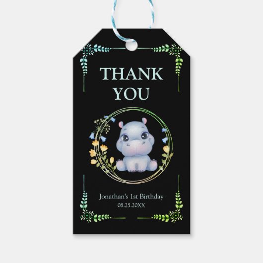 Bloemkrans Schattige Hippo Verjaardag Bedankt Zwar Cadeaulabel (Voorkant)
