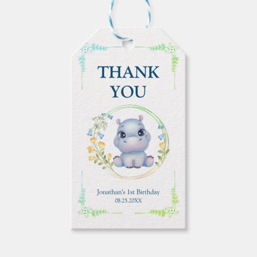 bloemkrans Schattige nijlpaard Verjaardag dank u Cadeaulabel (Voorkant)