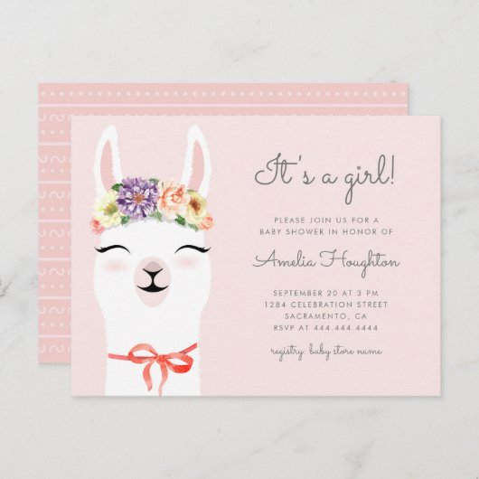 Bloemkroon en Baby shower van Llama Girl Uitnodiging Briefkaart (Voorkant / Achterkant)