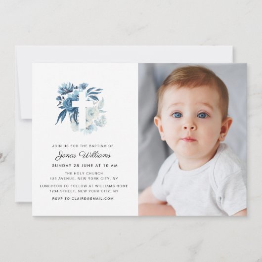 bloemkruis Baptisme foto-uitnodiging Kaart (Voorkant)