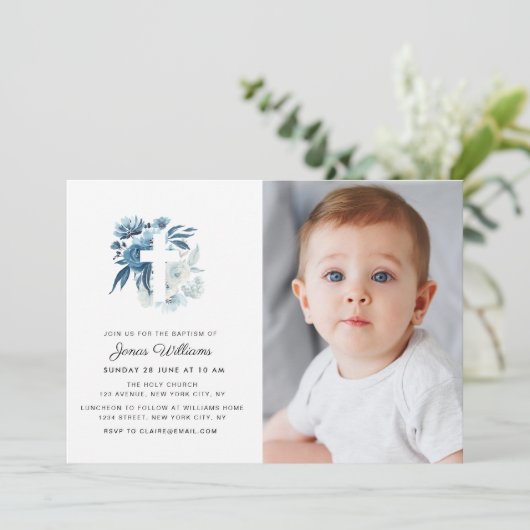 bloemkruis Baptisme foto-uitnodiging Kaart (Staand voorkant)