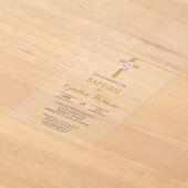 Bloemkruis beige doop acryl uitnodigingen (Laagn)
