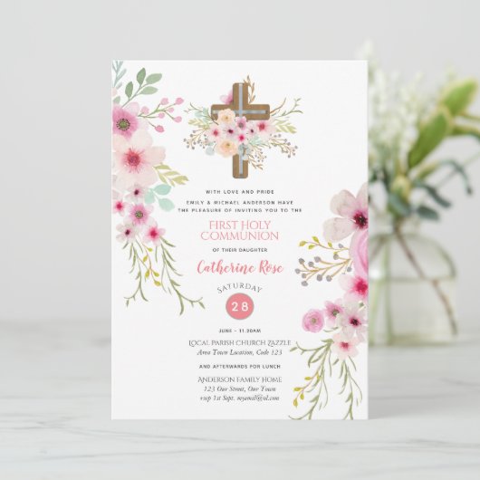 Bloemkruis Eerste Heilige Communie Uitnodiging Mei (Staand voorkant)
