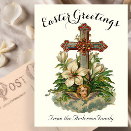 Bloemkruis en cherubijn vintage Pasen religieus Briefkaart