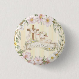 Bloemkruis en Lam | Gelukkig Pasen Ronde Button 3,2 Cm