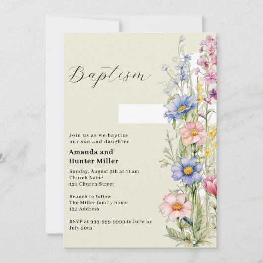 Bloemkruis meisje jongen tweeling roze blauw Doops Kaart (Voorkant)