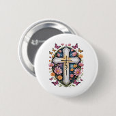Bloemkruis van het geloof  ronde button 5,7 cm (Voorkant /achterkant)