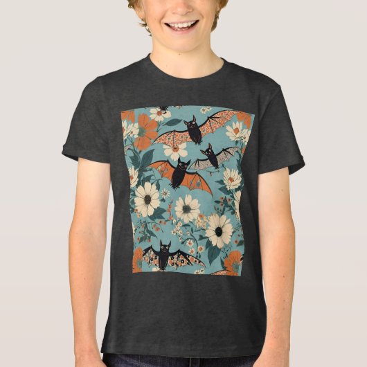 Bloemlappendeken Halloween Vleermuizen & Bloemen Tri-Blend Shirt (Voorkant)