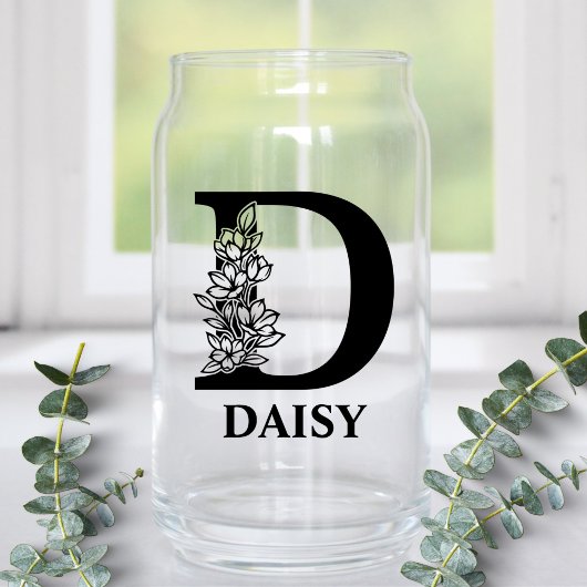 Bloemletter D Monogram en gepersonaliseerde naam Blikvorm Glas