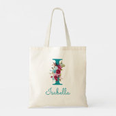 Bloemletter I Script Monogram Teal Roze Tote Bag (Achterkant)