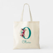 Bloemletter O Script Monogram Blauwgroen Roze Tote Bag (Achterkant)