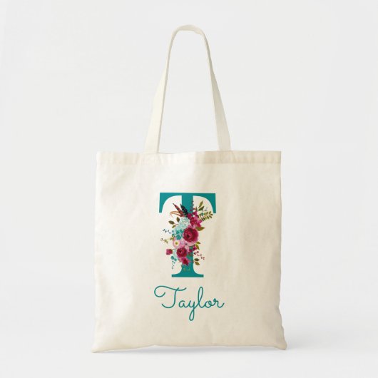 Bloemletter T Script Monogram Blauwgroen Roze Tote Bag (Voorkant)