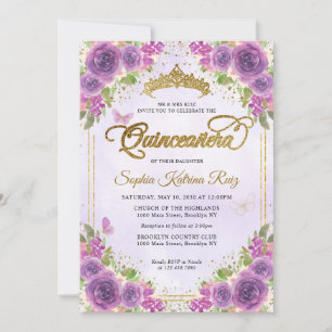 Bloemlicht Paarse gouden glitter kroon quinceañera Kaart