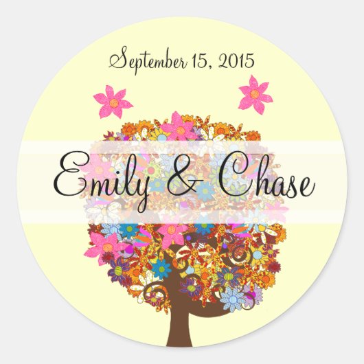 Bloemliefdesbomen Roze bloemen bruiloft Ronde Sticker (Voorkant)