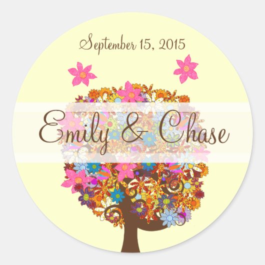 Bloemliefdesbomen Roze bloemen bruiloft Ronde Sticker (Voorkant)