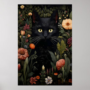 Bloemliefhebber zwart kattenprint, bloemrijke kat poster