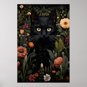 Bloemliefhebber Zwarte Kat Print, Bloemrijke Kat V Poster