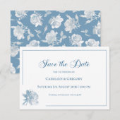 Bloemlijn Kunst Wit Stof Blauw Bruiloft Save The Date (Voorkant / Achterkant)