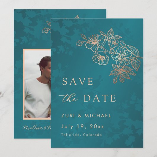 Bloemlijn Roze Goud Teal Gebogen Save The Date (Voorkant / Achterkant)
