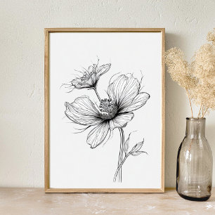 Bloemlijntekening in zwart en wit poster