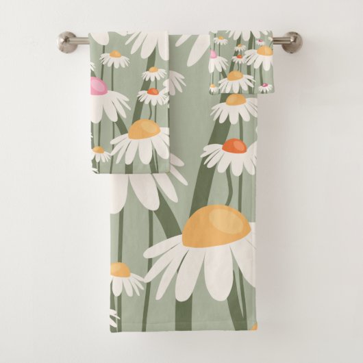 Bloemmarkt Tokio Retro Daisies Sage Green Bad Handdoek (Insitu)