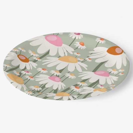Bloemmarkt Tokio Retro Daisies Sage Green Papieren Bordje (Gekanteld)