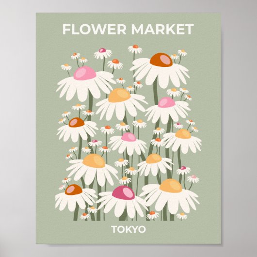 Bloemmarkt Tokio Retro Daisies Sage Green Poster (Voorkant)