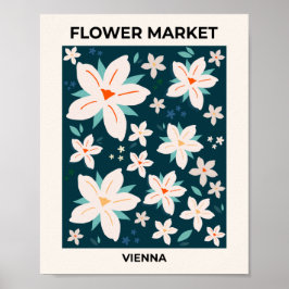 Bloemmarkt Wenen marineblauw crème, witte flora Poster