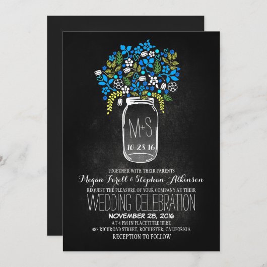 Bloemmetselaar Jar krijtbord bruiloft uitnodiginge Kaart (Voorkant / Achterkant)