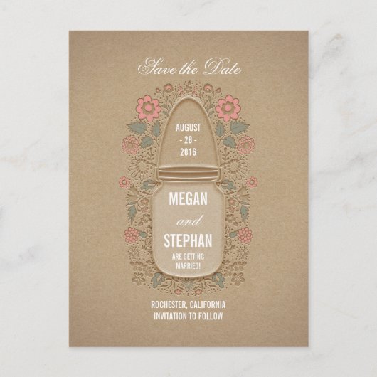 Bloemmetselaar Jar Rustic Save the Date Aankondigingskaart (Voorkant)