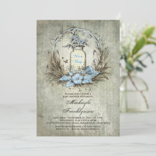  Bloemmetselaar Jar Rustiek Blauw baby shower Kaart (Staand voorkant)