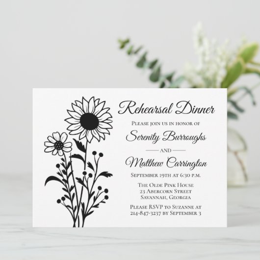 Bloemminimalistische zwart wit bruiloft repetitie kaart (Staand voorkant)