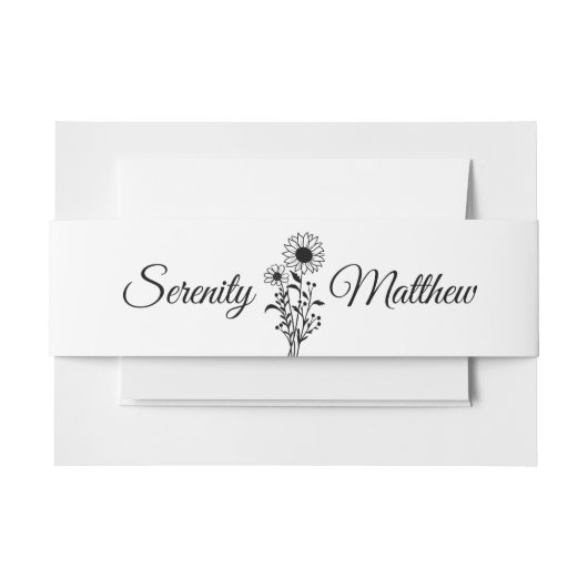 Bloemminimalistische zwart witte zonnebloem bruilo uitnodigingen wikkel (Voorkant Voorbeeld)