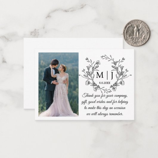 Bloemmonogram Dank u trouwfoto Notitiekaartje (Voorkant / Achterkant in situ)