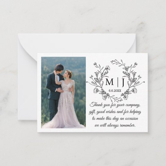 Bloemmonogram Dank u trouwfoto Notitiekaartje (Voorkant)