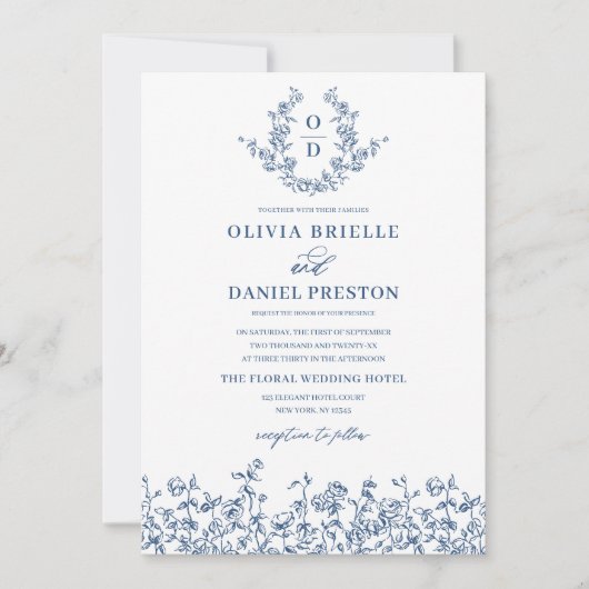 Bloemmonogram Foto QR Code Marine Blauw Huwelijk Kaart (Voorkant)