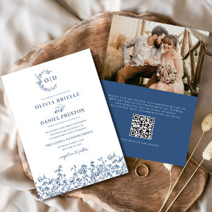 Bloemmonogram Foto QR Code Marine Blauw Huwelijk Kaart