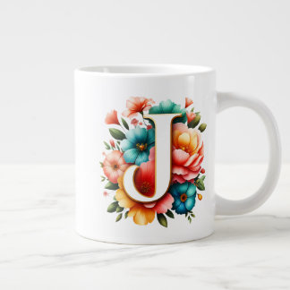 Bloemmonogram J met pastelbloemen Grote Koffiekop