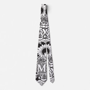 Bloemmonogram "M" Zwart-wit Tattoo Bloemen Stropdas