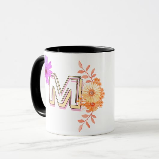 Bloemmonogram Mok – Elegante letter m Koffiebeker (Voorkant links)
