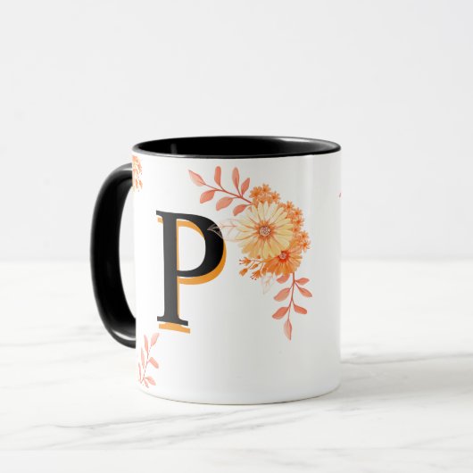 Bloemmonogram Mok – Elegante letter P koffiebeker (Voorkant links)