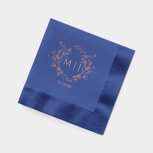 Bloemmonogram roos goud roze blauw bruiloft folie servetten (Links)